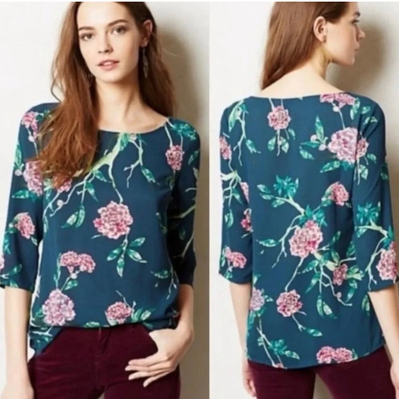 ANTHROPOLOGIE HD IN PARIS Green Eira Pink Floral Print Top Blouse Sz. 8 - Picture 1 of 4